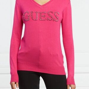 Guess Hot fuchsia Pink Studded V-Neck Sweater